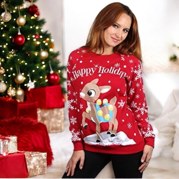 Rudolph the Red-Nosed Reindeer Tops - Rudolph Women’s Rudolph the Red-Nosed Reindeer Happy Holiday Sweatshirt